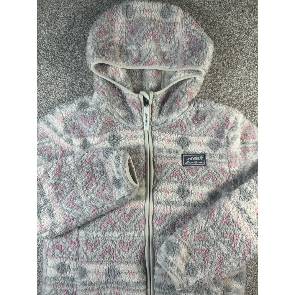 Eddie Bauer Kids Grey Pink Sherpa Fleece Hooded Jacket Full Zip M 10/12 8300W539